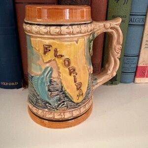 Florida Ceramic Souvenir Stein with Dolphin Motif - Yellow & Teal